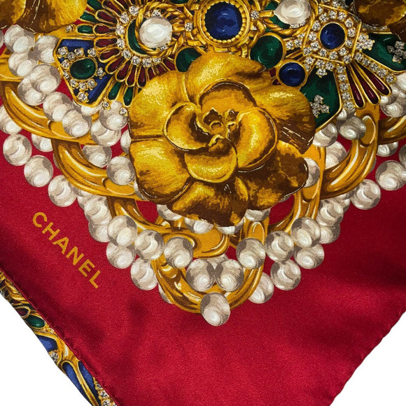 Chanel Iconic 54” Silk Shawl Jewel Camellia Motif Multicolor Large Scarf Wrap - Picture 12 of 15